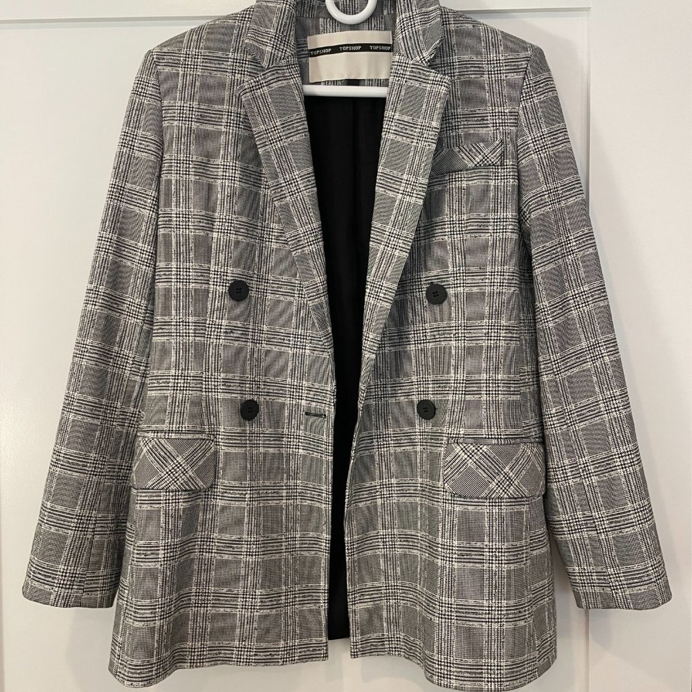 Topshop Grey Plaid Double Breasted Blazer
